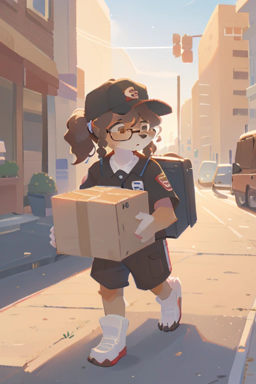 1girl, furry, anthro, canine, dog, female, dog_ears, curly_hair, black_fur, brown_fur glasses, delivery_driver, baseball_cap ponytail, walking on sidewalk, delivering package, tired, brown_uniform, brown box_truck, amazoo