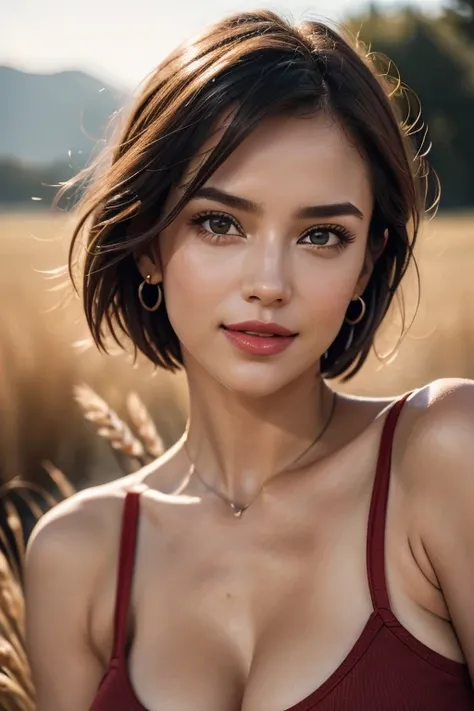 Bella Sanchez, Belle jeune fille, different positions, Super nice facial detail, smile, short hair, bobbed hairstyle, red top, (layered bob haircut), ((red tank top)), ((clivage)), (breasts squeezed together), wheat field, sunset, mountain background, (bea...