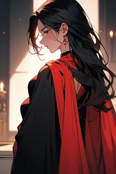 one person，Black and red cape，Long black hair draped loosely，back view