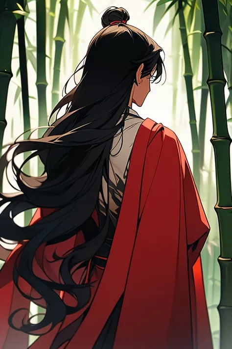 A back view does not differentiate between men and women，Black and red cape，Long black hair draped loosely，bamboo forest