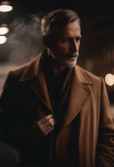 Portrait of a father smoking cigarette and wearing brown colour coat 