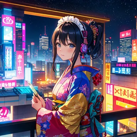 In a city of neon-lit skyscrapers, a single giant moon hangs over the city, casting a twinkling light. Amidst the hustle and bustle of the city, an anime girl in a colorful kimono with intricate patterns sits pensive on the edge of a rooftop, holding a kat...