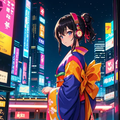 In a city of neon-lit skyscrapers, a single giant moon hangs over the city, casting a twinkling light. Amidst the hustle and bustle of the city, an anime girl in a colorful kimono with intricate patterns sits pensive on the edge of a rooftop, holding a kat...