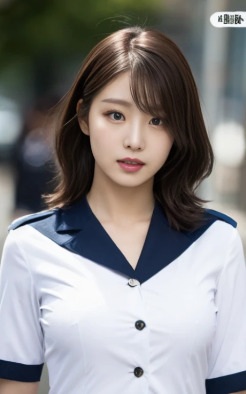 police uniform、Uniform with open chest、Very sexy、A woman with the same face as last time(misaki)，４Ｋ、１people&#39;s women、slender、 Loose wavy styling 、Full body shot from the front、seductive and attractive,Including face and skin texture，detailed eyes、Looks ...