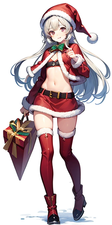 quadratic element、1 person, santa costume、skirt by the、sixteen years old、girl with、Navel Ejection、snowy、full body Esbian、to stand、long boots、Viewer-facing、kawaii faces, (Colossal tits:0.5)、shinny skin