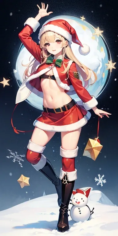 quadratic element、1 person, santa costume、skirt by the、sixteen years old、girl with、Navel Ejection、snowy、full body Esbian、to stand、long boots、Viewer-facing、kawaii faces, (Colossal tits:0.5)、shinny skin