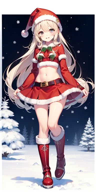 quadratic element、1 person, santa costume、skirt by the、sixteen years old、girl with、Navel Ejection、snowy、full body Esbian、to stand、long boots、Viewer-facing、kawaii faces, (Colossal tits:0.5)、shinny skin