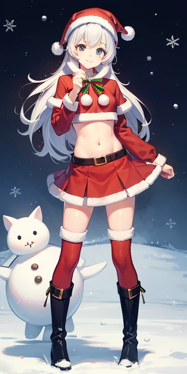 secondary elements、1 person, Santa Costumes、skirt、17 years old、with a girl、Navel exposed、snowy、whole body、Are standing、Knee-high boots、Viewer-facing、cute face, (big breasts:0.5)、shiny skin