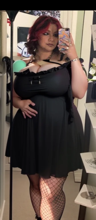 there is a woman that is taking a picture in the mirror, she is wearing a black dress, full body picture, taken in the early 2020s, cute black dress, zoomed out full body, wearing a black dress, she has a jiggly fat round belly, taken in the late 2000s, Bi...