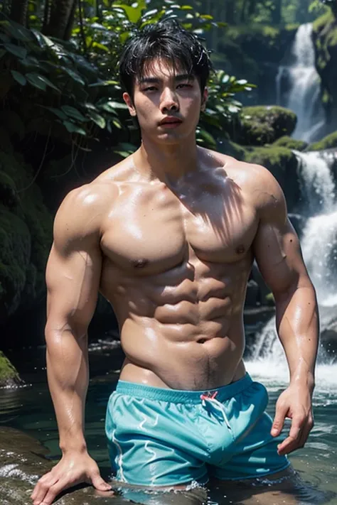 Create a realistic image of an Asian man with a sharp face, tan skin, big muscles, shirtless, wearing boxers, close to the skin, playing in the water, waterfall in the forest, clear picture.