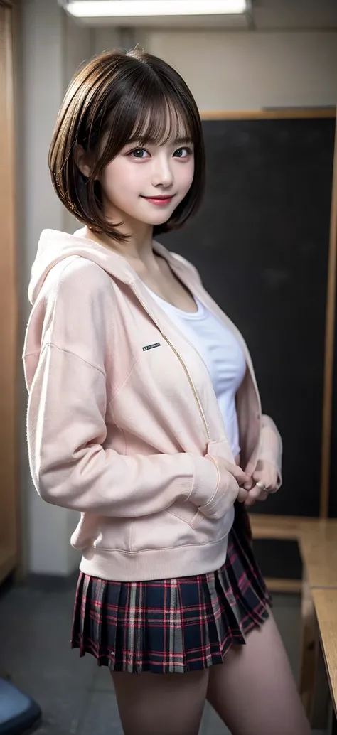 from below, looking at camera, naked body, Classroom with blackboard, Pink hoodie with zipper and low-rise micro mini plaid pleated skirt, Lift up your skirt and show your panties, kiss face, idol face, handsome face, blur the background, bob cut, super hu...