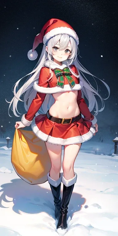 secondary elements、1 person, Santa Costumes、skirt、17 years old、girl、long silver hair、Navel exposed、snowy、whole body、Are standing、Knee-high boots、Viewer-facing、cute face, (big breasts:0.5)、shiny skin