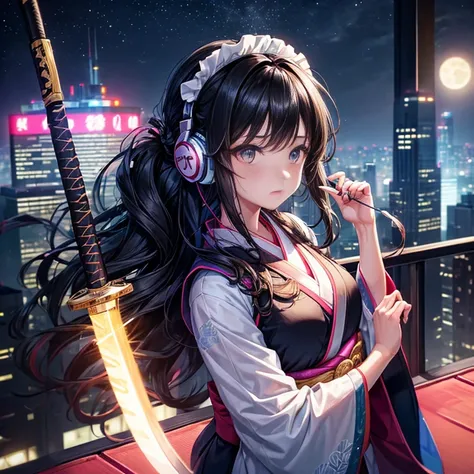 A single giant moon hangs over the neon-lit city of skyscrapers, shimmering and glowing. Amidst the hustle and bustle of the city, an animated girl in a colorful kimono with intricate patterns (she is pensive with a katana at the edge of a rooftop). She ha...