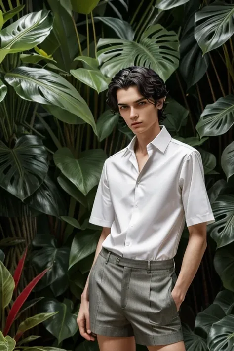 (androgynous male in womens tailored shorts and boatneck shirt posing in front of tropical plants), androgynous male face, tall, slender, thick shoulder length black wavy hair, high fashion, wearing stylish tailored shorts and boat neck shirt, (androgynous...