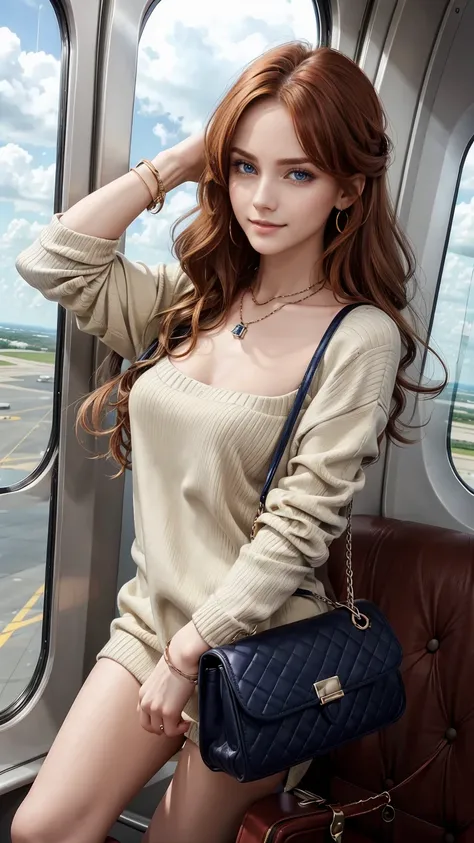 25-year-old Caucasian woman、Her hair color is reddish、blue eyes、semi-long、setting hair、Im tying my hair、My hair is wavy、Slender but thin macho、accessories on the wrist、wearing a chain necklace、beautiful breasts、smile、I need space above my head、accessories ...