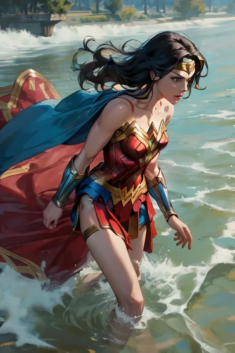 Wonder Woman character wearing a nightgown in the river