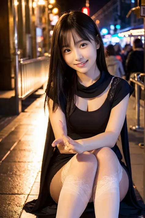 Ulchan-6500-v1.1, (RAW photo:1.2), (Photoreal), beautiful detailed girl, (genuine: 1.4), very detailed目と顔, beautiful and fine eyes, ((Street in city at night:1.3)), ((street ladies fashion:1.3, super realistic pantyhose:1.2))、Self snap、Instagram、game_nffsw...