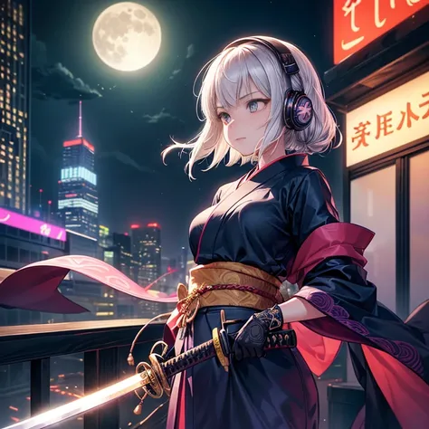 A single giant moon hangs over the neon-lit city of skyscrapers,  (((Weapon, katana, holding katana))), shimmering and glowing. Amidst the hustle and bustle of the city, an animated girl in a colorful kimono with intricate patterns (she is pensive with a k...