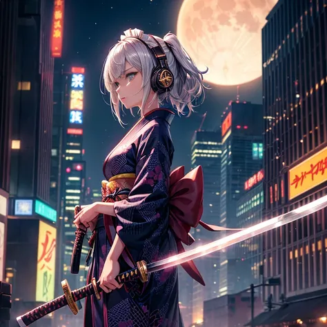  A single giant moon hangs over the neon-lit city of skyscrapers, shimmering and glowing.  (((Weapon, katana, holding katana))), Amidst the hustle and bustle of the city, an animated girl in a colorful kimono with intricate patterns (she is pensive with a ...