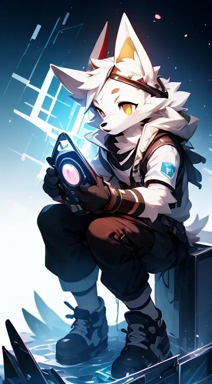 cyber punk perssonage，epcot，Tech style，solo person，White body，White ears，White hair，Overall white，Orange-yellow eyes，Wolf tail，Wolf orcs，Young，Wear a short-sleeved shirt，Ultra-clear screen，Soft lines