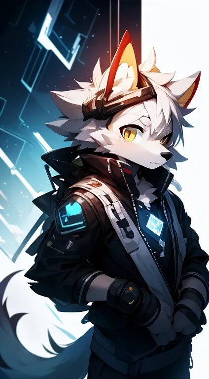 cyber punk perssonage，epcot，Tech style，solo person，White body，White ears，White hair，Overall white，Orange-yellow eyes，Wolf tail，Wolf orcs，Young，Wear a short-sleeved shirt，Ultra-clear screen，Soft lines