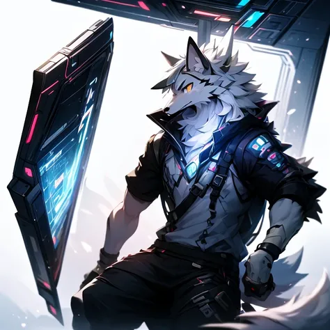 cyber punk perssonage，epcot，Tech style，solo person，White body，White ears，White hair，Overall white，Orange-yellow eyes，Wolf tail，Wolf orcs，Young，Wear a short-sleeved shirt，Ultra-clear screen，Soft lines