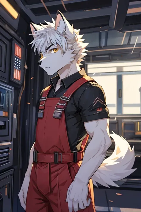 cyber punk perssonage，epcot，Tech style，solo person，White body，White ears，White hair，Overall white，Orange-yellow eyes，Wolf tail，Wolf orcs，Young，Wear a short-sleeved shirt，Ultra-clear screen，Soft lines