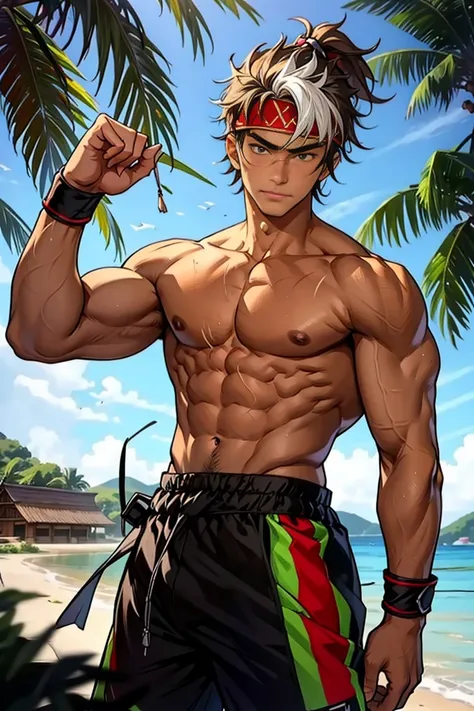 (Masterpiece, Best quality 16 year old boy，Shota), solo, Young, boy, Dark Short hair, full bodyesbian, Shirtless, topless, green headband, Vivid colors,(Depth of field:1.2),(Abs), view the viewer, black wristband, closed mouth, topless male, pale tanned sk...