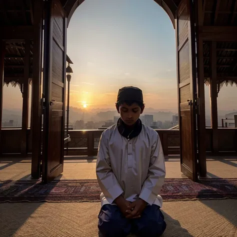 Muslim boy in at holy kaba praying sunset environment, beautiful birds,enhanced colours