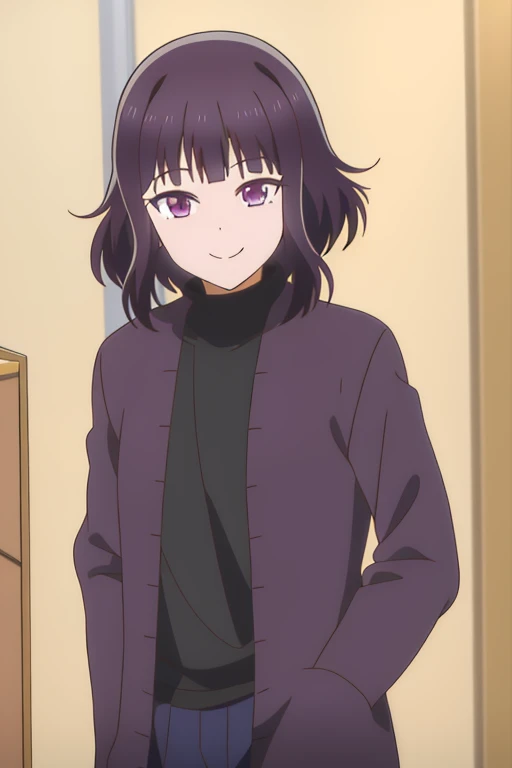 1girl, bangs, dark purple hair, blunt bangs, eyebrows visible through hair, purple eyes, look at viewer, cowboy shot, light smile, hisui_kujou,  