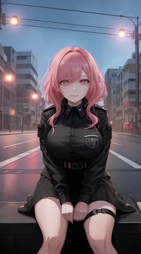 a woman with pink hair and a black blouse sits on the city street，traffic lights in the background, germ of art, shining eyes,an...