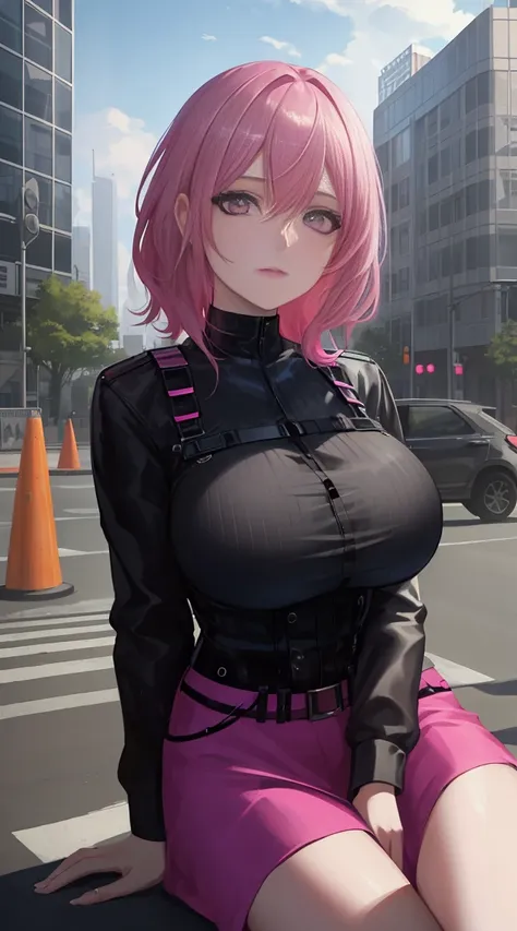 a woman with pink hair and a black blouse sits on the city street，traffic lights in the background, germ of art, shining eyes,an...