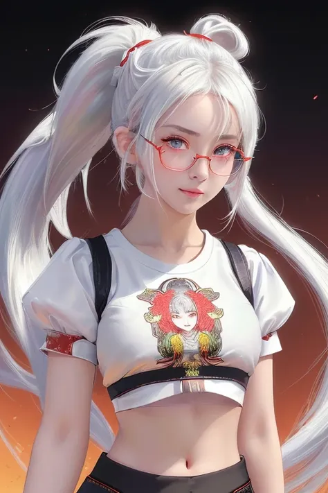 highres, masterpiece,highest quallity, ultra detailed, (detailed eyes), (detailed face), 1girl,illustration, white hair, red eyes, highest details, (luminous eyes), flat breats, (midriff:1.4), high contrast, colorful,komori_idol, (ponytail:1.2),(happy:1.2)...