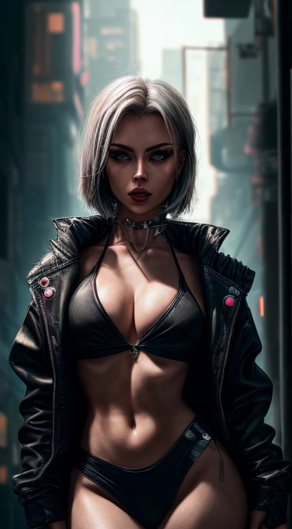 ((hyper realism)), photo realism , emmanorts as solo 1girl cyberpunk, in cyberpunk atmosphere, good lighting, torso shot, silver jacket, large breast, focus on face, Focus light and create sharp, defined edges