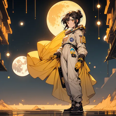 masterpiece, high-quality, high-definition, high-resolution, anime style, warm color palette, full body, no air, delivery person, cool lighting, freezing surroundings, (a moon astronaut woman is Weightless Posing and reaching for the moon:1.3), calm and se...