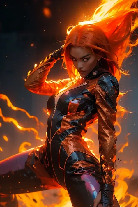 exterior, hailey baldwin, tawny skin latina, long fiery red-orange hair blonde asymmetric bangs, starfire dcu dc comics, whore, ...