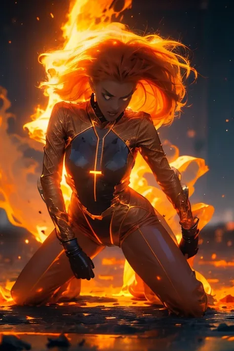 exterior, hailey baldwin, tawny skin latina, long fiery red-orange hair blonde asymmetric bangs, starfire dcu dc comics, whore, ...