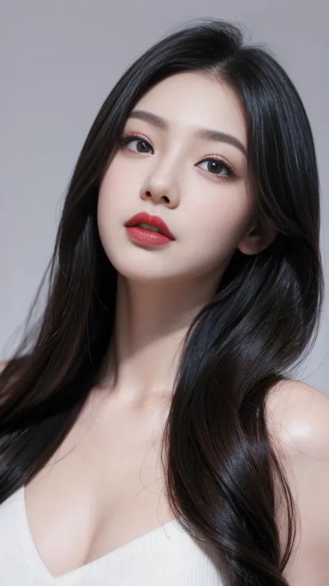 Hair、Delicate face、Sexy red lips，And the long eyelashes on the bright eyes，She has a slightly cold temperament