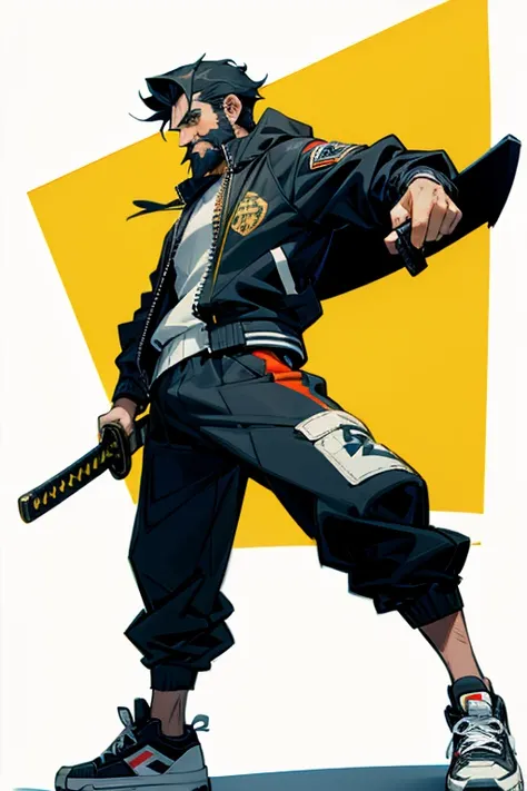 spanish man with beard and katana blade wearing a bomber jacket and sneakers