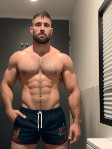 good looking handsome 30 year rugby player , English , short hair, army , stubble, hairy chest, lockeroom ,shower, NSFW, naked , full body , standing , angry , tight shorts, super Realistic Photo, Super Detailed