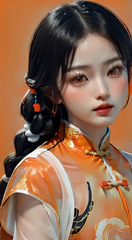 (Fluorescent color: 1.4), (translucent: 1.4), (Vintage filter: 1.4), (dream: 1.4), (orange background: 1.4), (1 woman wearing clothes (orange and white chinese style: 1.4), tang style, Print Pattern, dull bangs, black hair, Braid), (portrait: 1.6), looking...