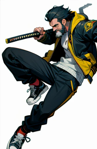 spanish man with beard and katana blade wearing a bomber jacket and sneakers