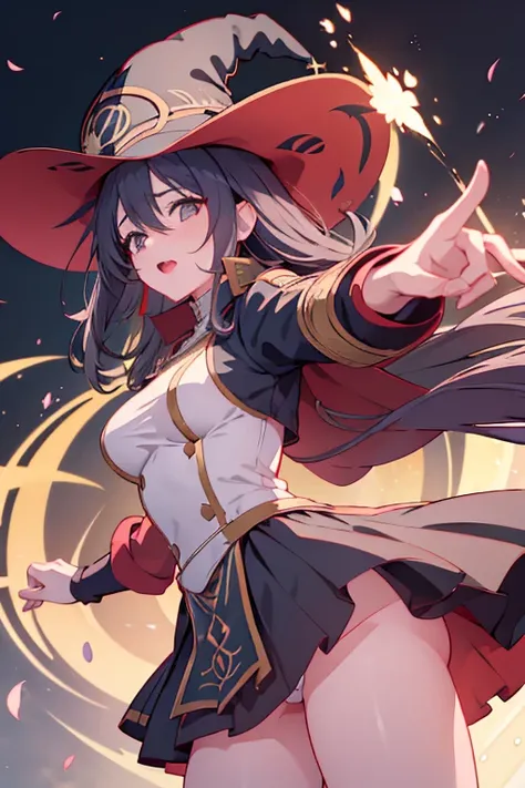 Personaje femenino, anime, cabello negro, sorceress with pointed hat dressed in uniform and tunic, en na biblioteca solitaria, con las piernas separadas, mostrando su zona intima, abriendo los labios de su zona intima con los dedos, orgasm facial expressio...