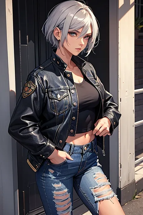 20th generation women,muscular,silver hair,very short hair,tanned skin,Black denim jacket,Black denim pants