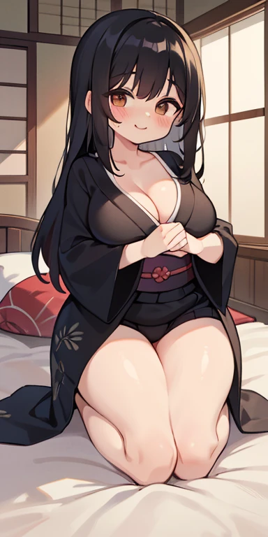 "MASTERPIECE" single female, long black  hair,  large chest, patterned kimono, kneeling on bed,  smile, blushing, (SOLO), bare legs, cleavage, ((((Double the size of your )))), Edo period of Japan, Castle attic, naked, Fair skin, glamour, Tapun Tapun , oil...