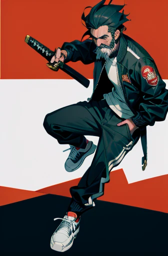 spanish man with beard and katana blade wearing a bomber jacket and sneakers