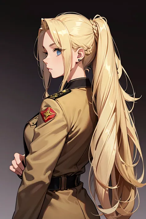 20th generation women,baby-faced woman,long blonde hair,one tied hairstyle,hair stretched out on the back,ear piercing,military short jacket,muscular