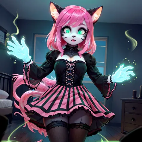 shocked black cat in gothic make up with black fur long Pink hairs with Blue Highlights and glowing Green eyes wearing gothic clothes looking at her body there are some traces of magic floating around her she is in a bedroom