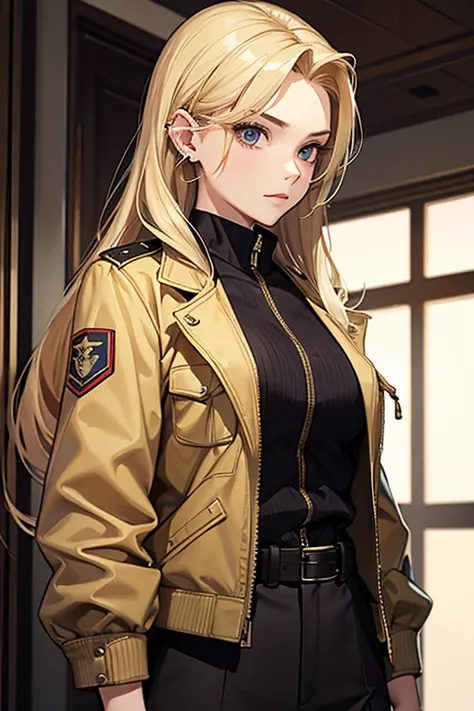 20th generation women,baby-faced woman,long blonde hair,one tied hairstyle,ear piercing,military short jacket,muscular