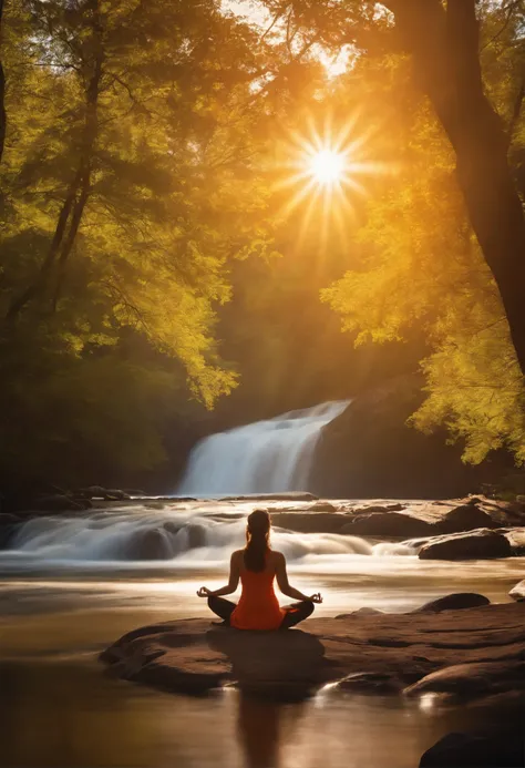 High quality photo of a woman sitting in lotus position, meditating in front of a vibrant sunburst background, surrounded by nature forest and flowing rivers peaceful and serene atmosphere, captured by renowned photographer Ansel Adams.